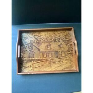 House Of Lloyd Vintage Carved Etched Wood Pyrography Serving Tray Cabin Winter